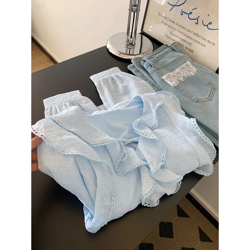 设计感荷叶领蓝色蝴蝶结衬衫上衣女士小个子清纯风独特洋气打底衫