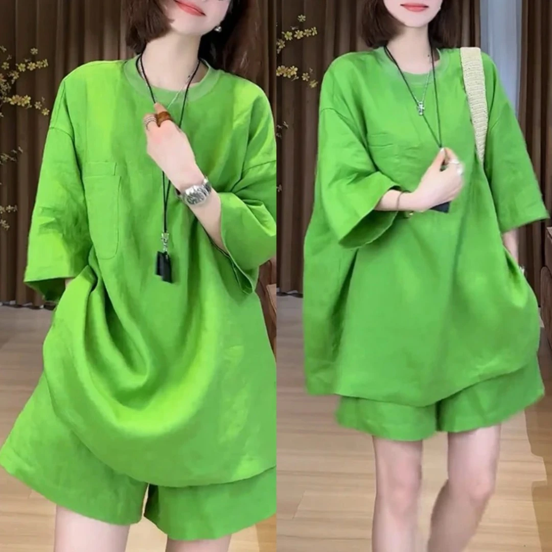 时尚两件套欧洲站2025夏季慵懒风百搭宽松中长款上衣高腰纯色短裤