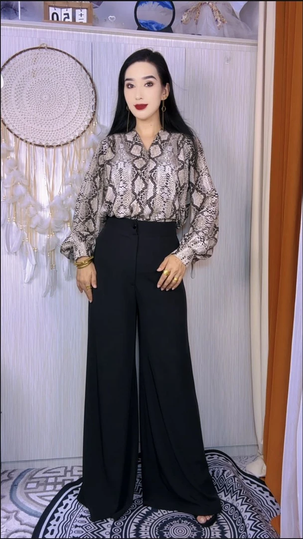 荷叶袖荷叶领蛇纹常规款长袖衬衫衬衣网红高腰女士