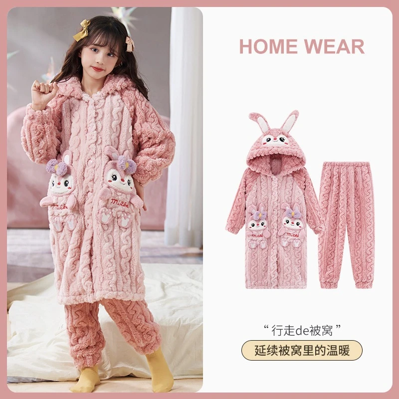 保暖2024儿童珊瑚绒新款秋冬季加绒加厚睡衣女童睡袍法兰绒女孩家