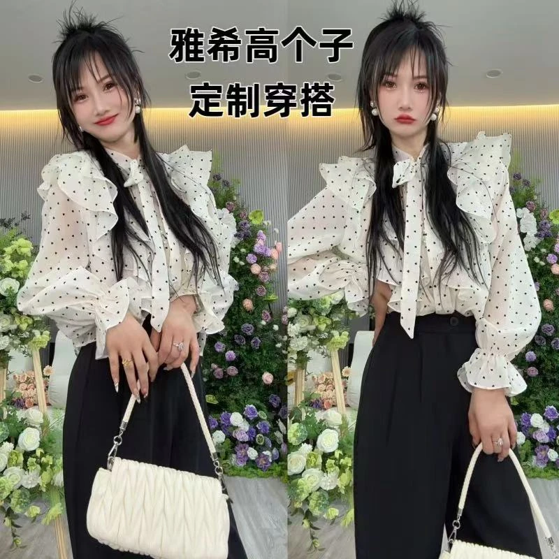 雅希定制~【甜美初恋】法式荷叶边波点衬衫减龄百搭宽松长袖上衣
