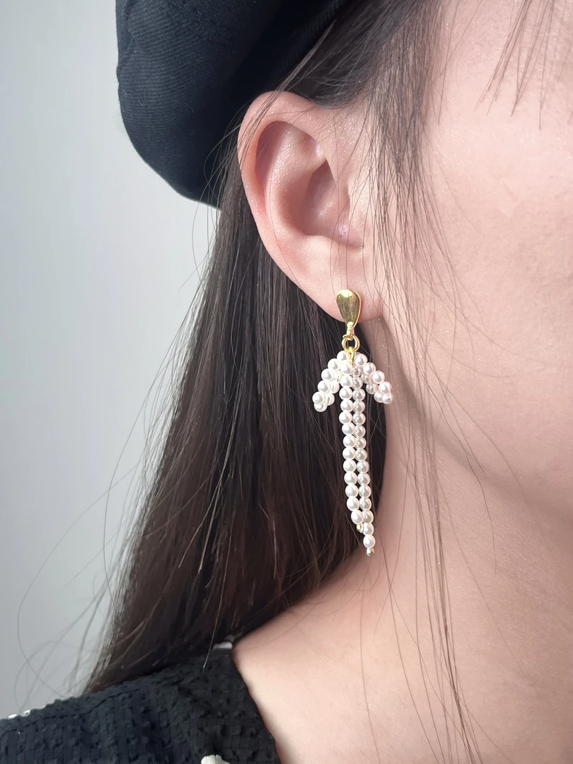 铜合金仿珍珠耳饰 贝珠蝴蝶结流苏法式长款气质高级感简约大气