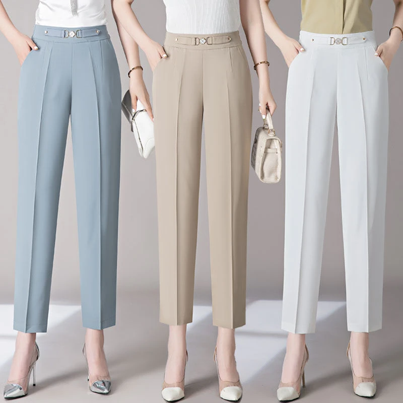 中年妈妈裤子夏季薄款冰丝女裤西装裤女高腰显瘦垂坠感九分休闲裤