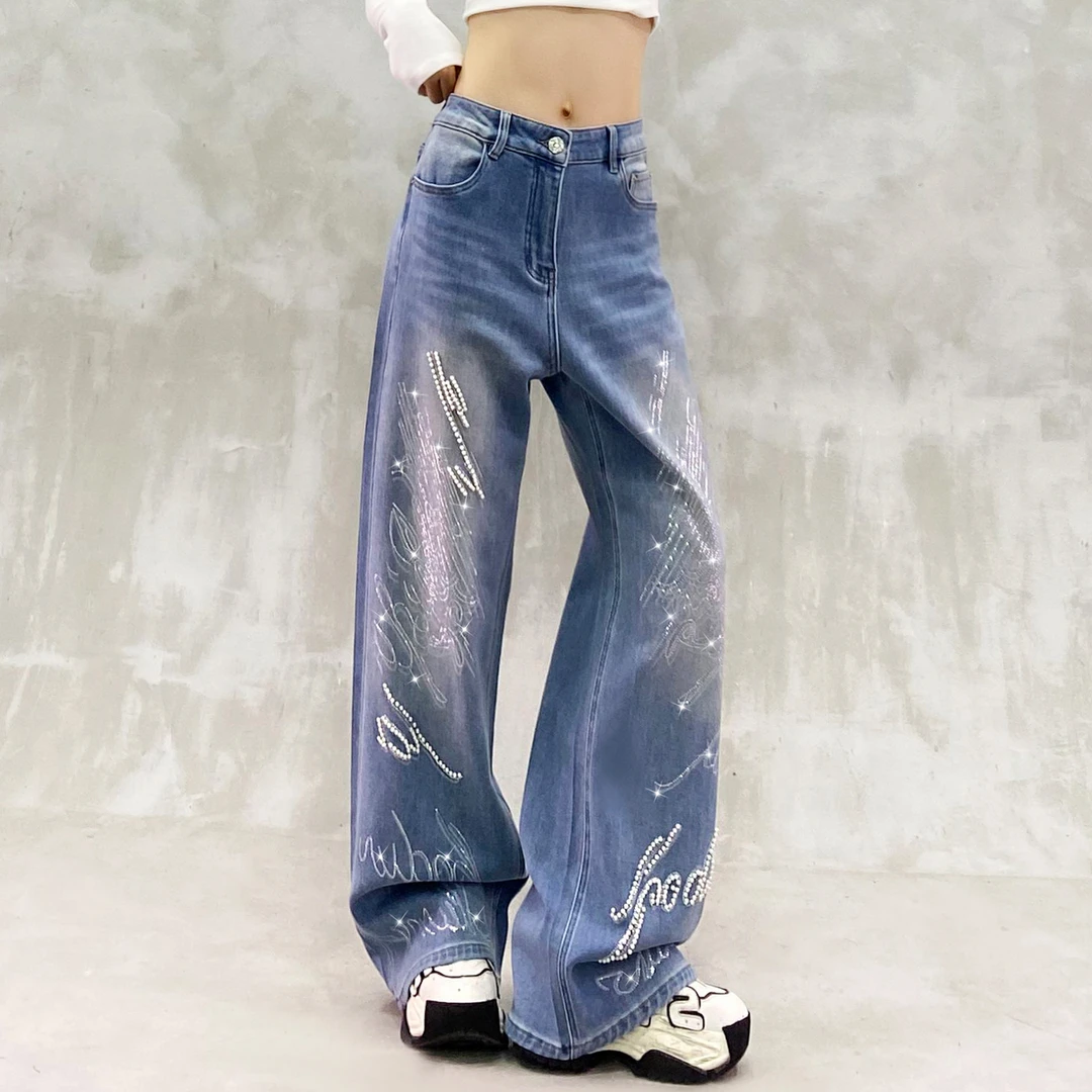 镶钻钉珠装饰抓绒休闲牛仔裤女冬新款高腰宽松显瘦百搭直筒阔腿裤