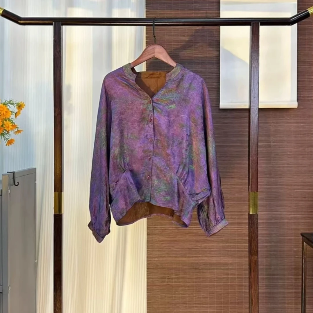 双面穿新中式黛紫提花斜襟旗袍领上衣夏季气质文艺复古国风女装