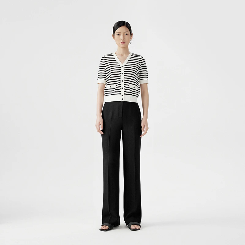LANCY/朗姿俪雅夏新款V领短款黑白条纹针织开衫女气质短袖KCD431