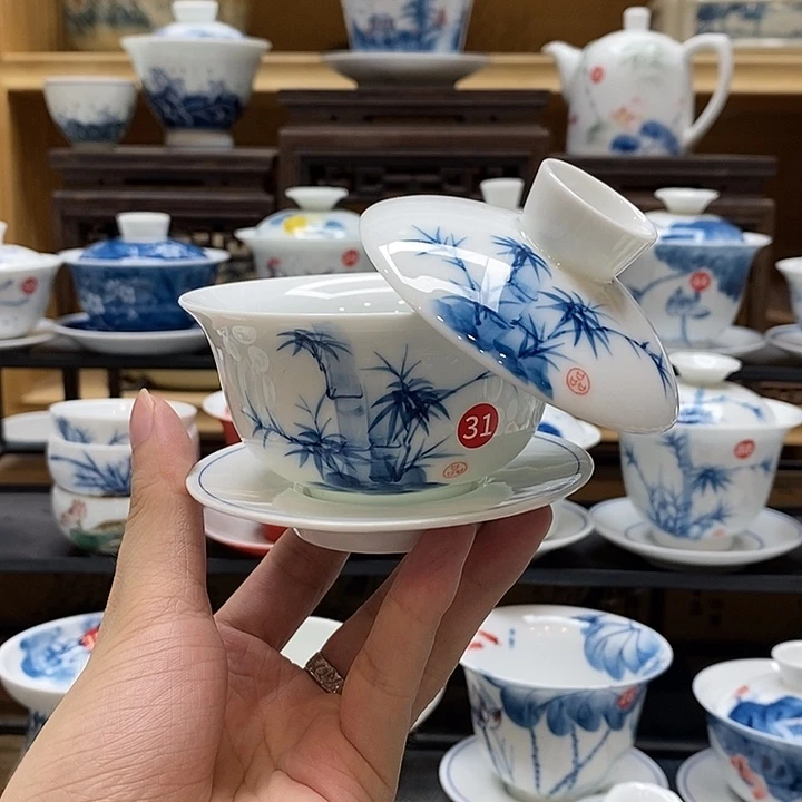手绘竹子盖碗釉下彩高温瓷微瑕福利款