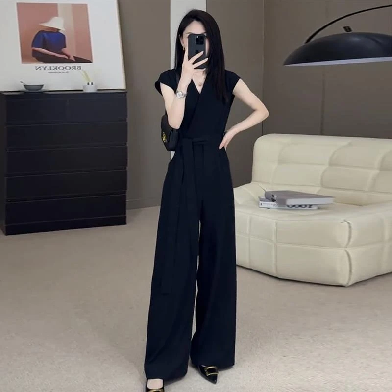 YYV领无袖黑色连体裤女夏季气质高腰系带显瘦阔腿直筒连衣裤潮350