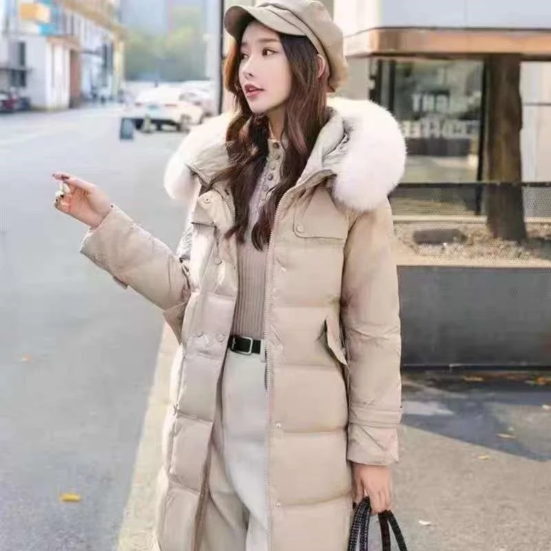 大毛领90白鸭绒菱形格长款三防领厚款连帽羽绒服