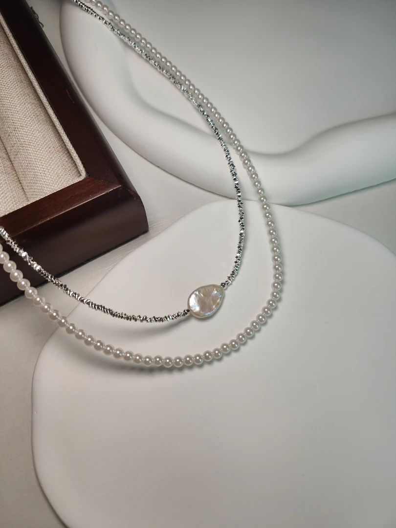 合金仿珍珠项链 碎银子双层巴洛克叠戴施家珍珠项链