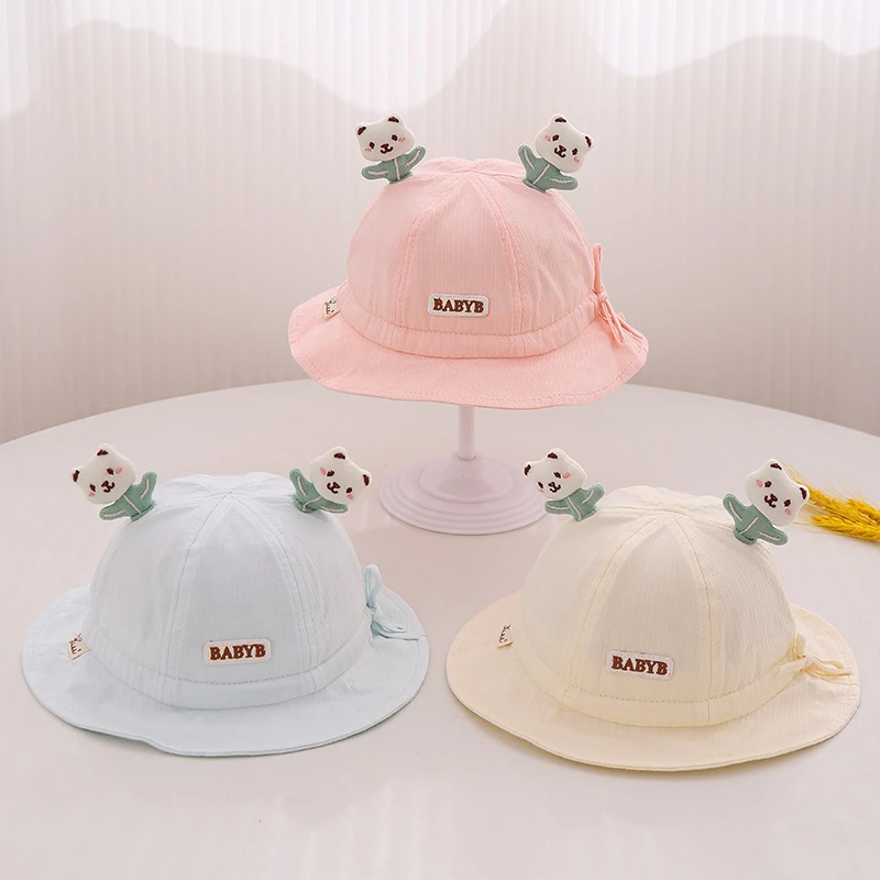 婴儿帽子春秋季薄款遮阳渔夫帽小月龄宝宝可爱立体小熊可调节盆帽