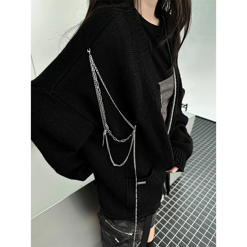 IAMCPLUS 秋季温暖 慵懒风针织毛衣开衫拼接假两件链条外套春秋女