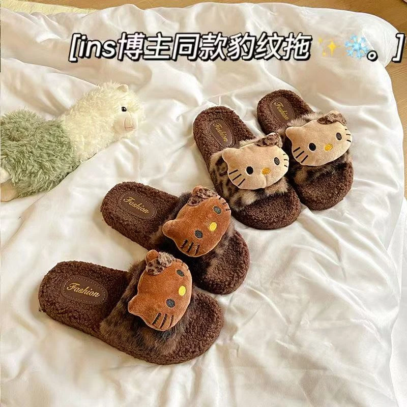 可爱豹纹kitty猫毛毛拖鞋女秋冬外穿2025保暖家居平底一字棉拖鞋
