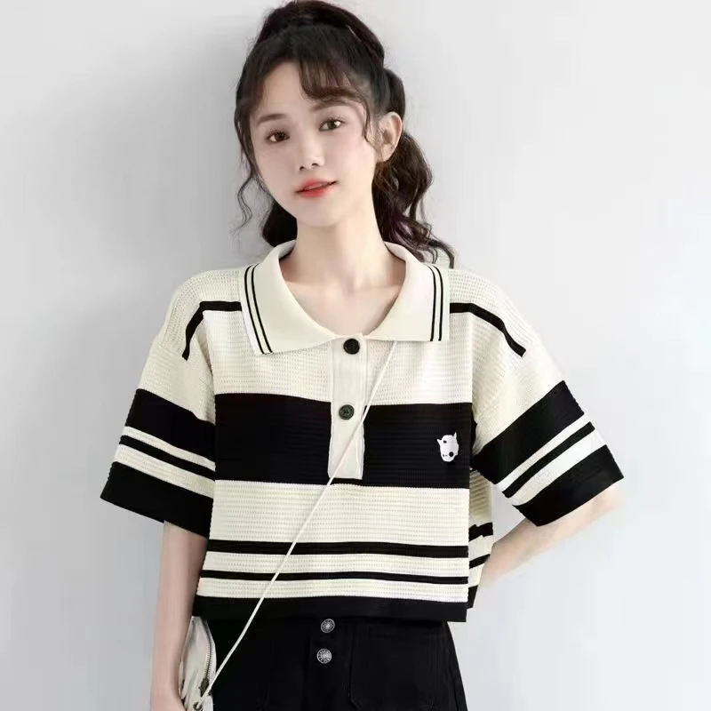 2025夏季新款百搭刺绣polo领条纹针织衫女宽松短款短袖T恤短上衣