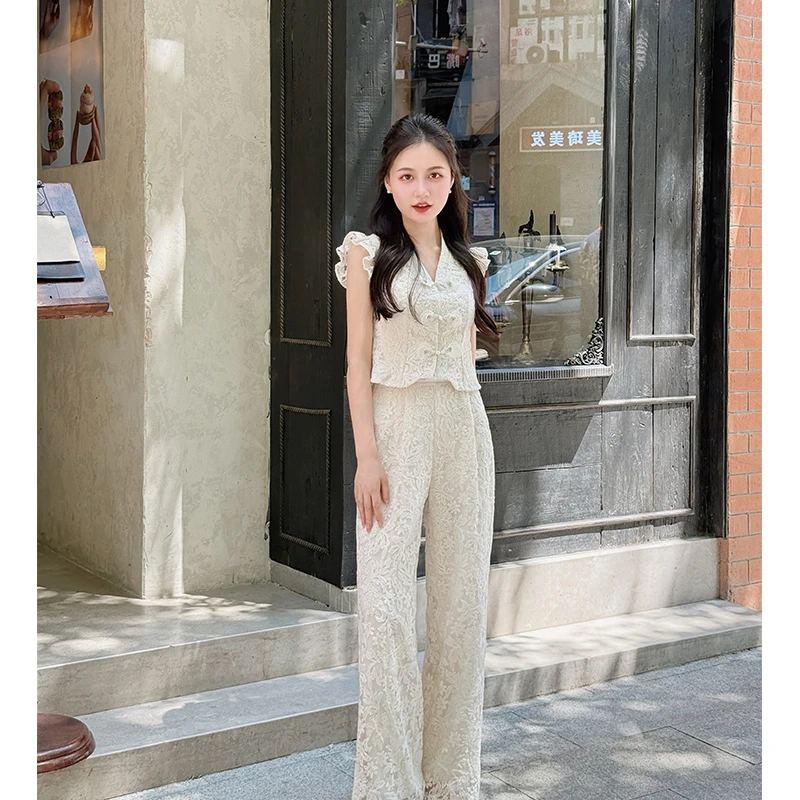 【朝花夕拾】小个子定制气质轻国风镂空蕾丝小飞袖上衣直筒裤套装女