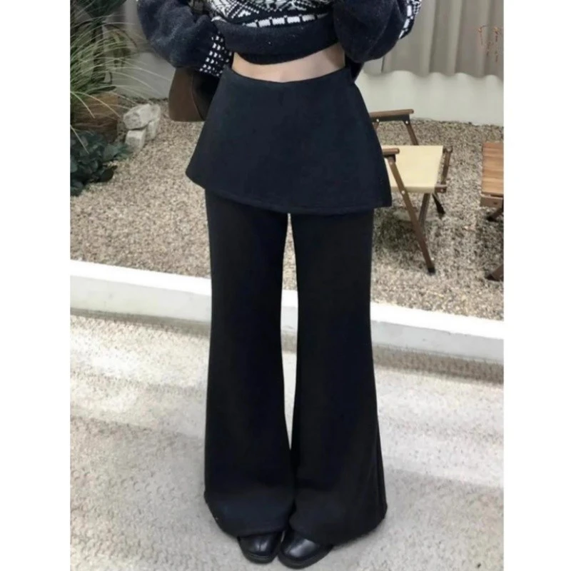 秋冬加绒韩国东大门假两件屁帘微喇叭裤女2025梨形身材显瘦休闲裤