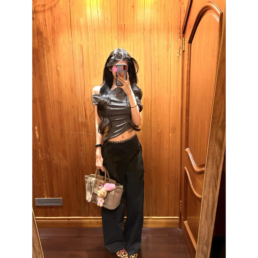 夏季新款休闲百搭时尚设计感洋气条纹短袖上衣高腰修身显瘦阔腿裤