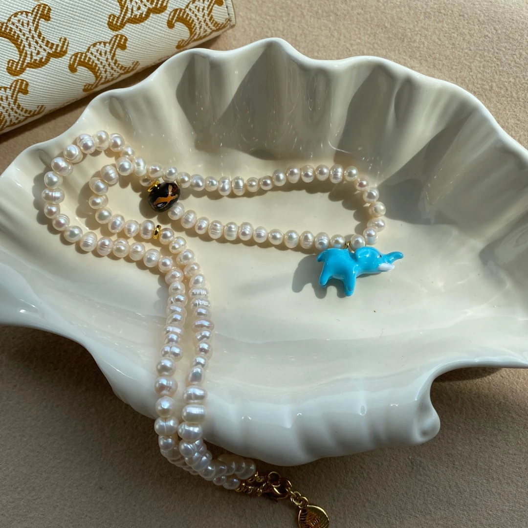 童趣可爱春夏女手工蓝色小象白色清新中长款项链饰品向上而生