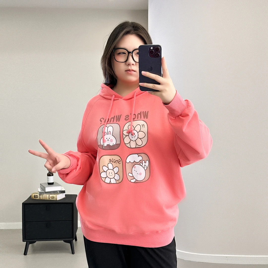 【岩心】大码女装300斤春季韩版ins休闲百搭连帽印花圆领卫衣6669