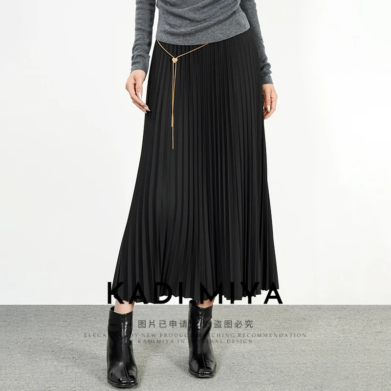 2025新款洋气高贵垂坠显瘦高腰褶皱A字半身裙链条百褶裙KADIMIYA