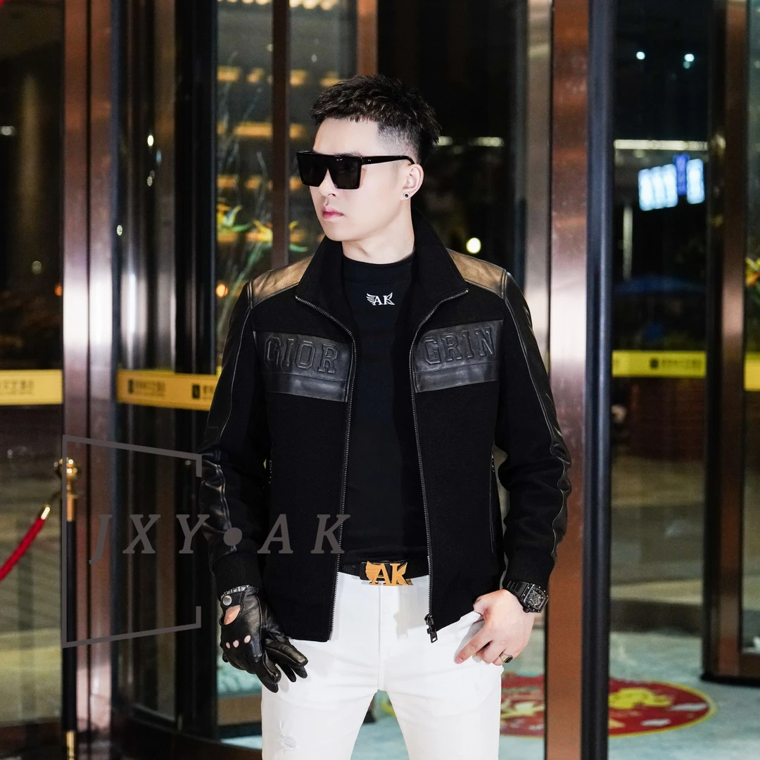 AK2025秋冬新款男士绵羊皮拼接立领夹克轻奢复古百搭夹棉针织外套