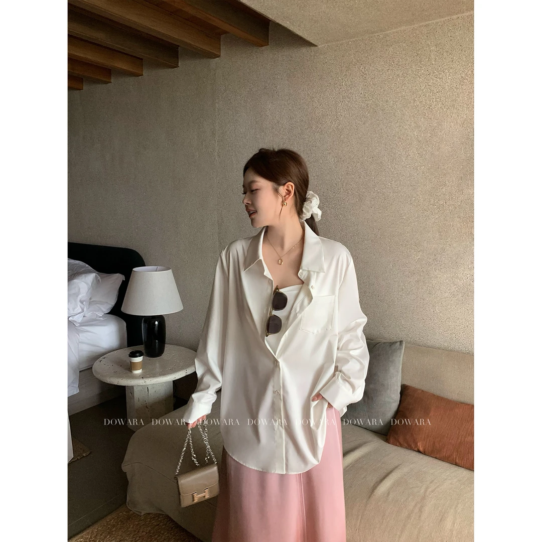 现货大婉酱微胖定制宽松型POLO领长袖衬衫INS风春季垂感衬衣7706D