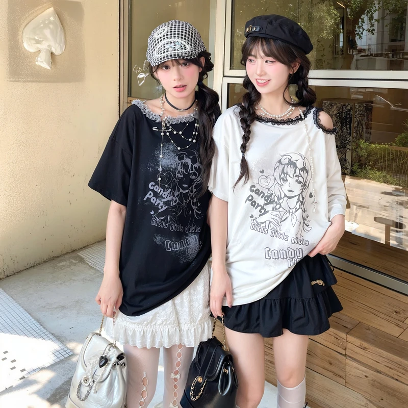 森女部落原创甜酷风露肩设计感印花短袖宽松日常T恤夏季新款女