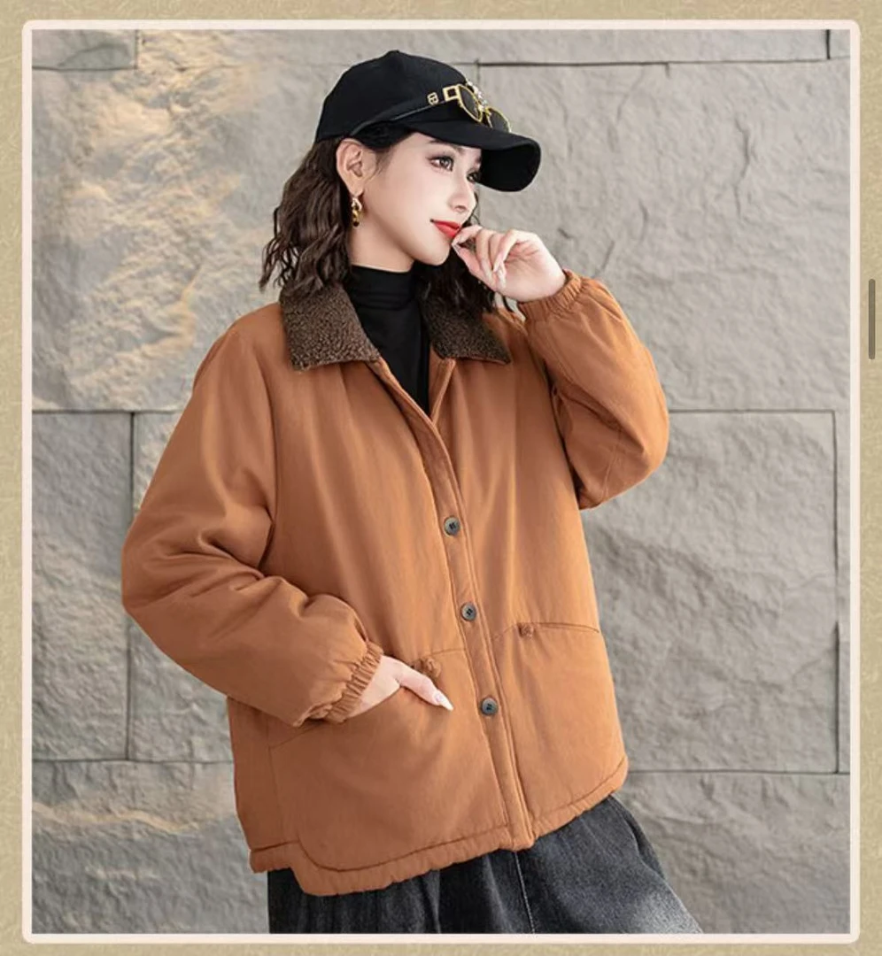 2025冬季加绒加厚款水洗棉加绒棉服百搭洋气韩版翻领保暖时尚棉服