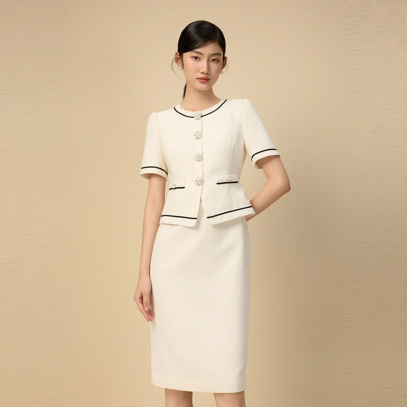 LIME/莱茵【都市印记】夏季假两件显瘦连衣裙米白色LDGB4AWOP823