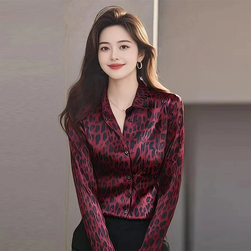 设计感小众红色豹纹衬衫女士2025年春季新款韩系翻领长袖开衫上衣