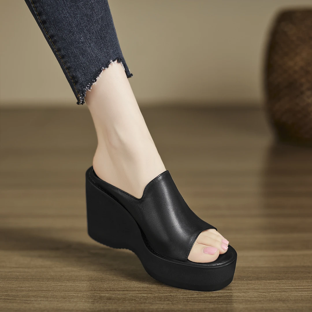 9.5cm~真皮坡跟拖鞋女外穿2025厚底松糕女士凉拖小个子高跟一字拖