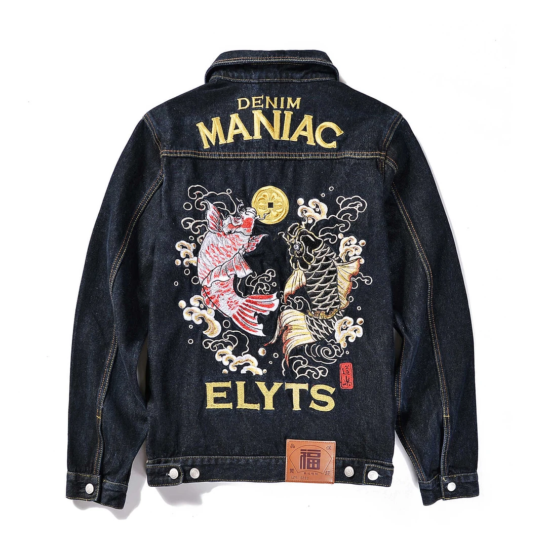 迪诺库克斯春秋款锦鲤刺绣男士复古牛仔夹克上衣日系休闲外套潮流