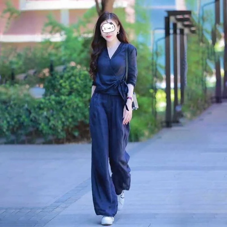 2024秋夏季新款休闲时尚套装女士V领衬衫垂感长裤子两件套