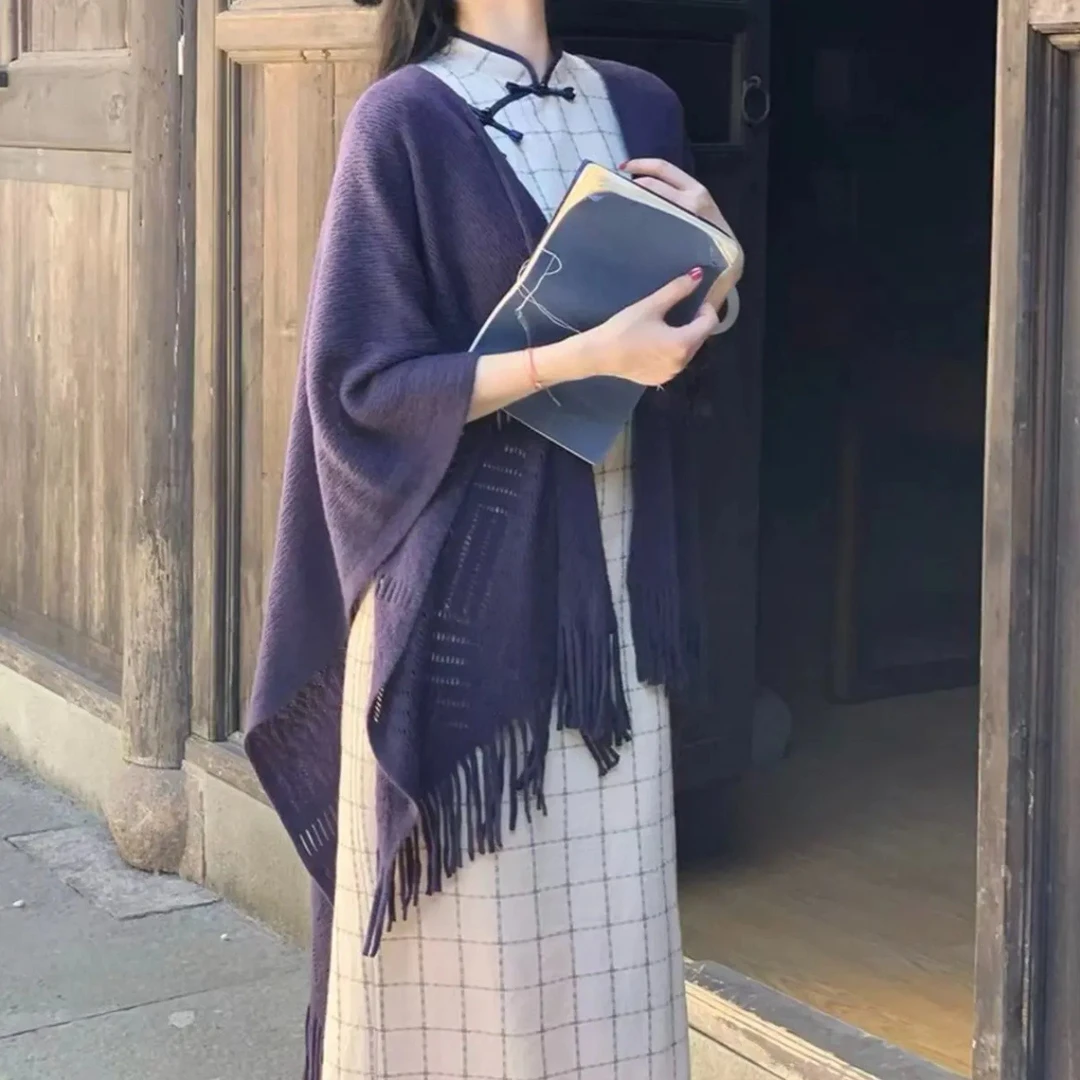 藏蓝色复古针织外搭早秋配旗袍清新文艺流苏宽松百搭显瘦斗篷披肩