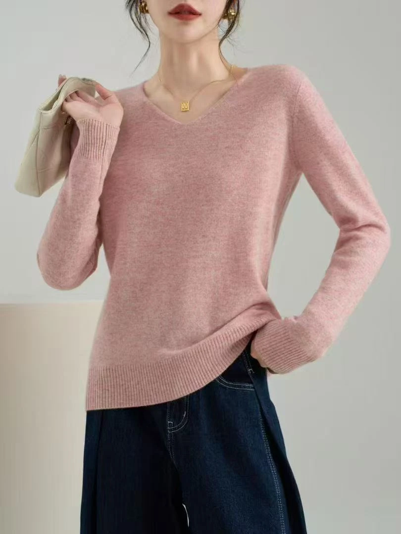 hanyang/晗洋女式长袖针织衫秋冬纯色V领套头100%羊毛百搭网红衫