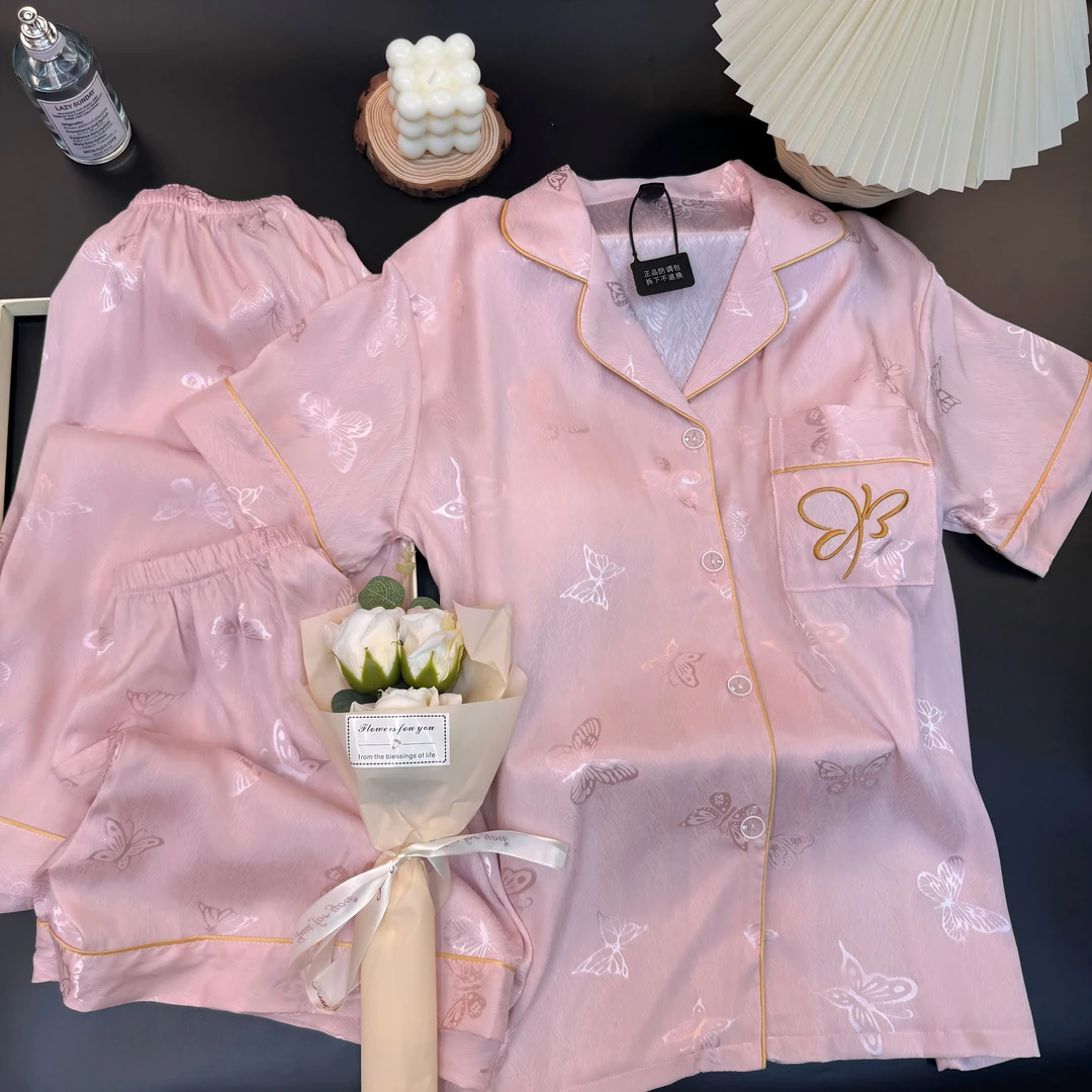 【三件套】夏季短袖冰丝睡衣女带垫家居服开衫春秋高级感网红套装女