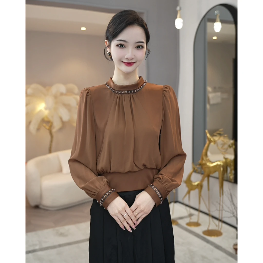唐熹预售2025年春秋新款【Q24-Q779】高级感缎面串珠百搭衬衫上衣女