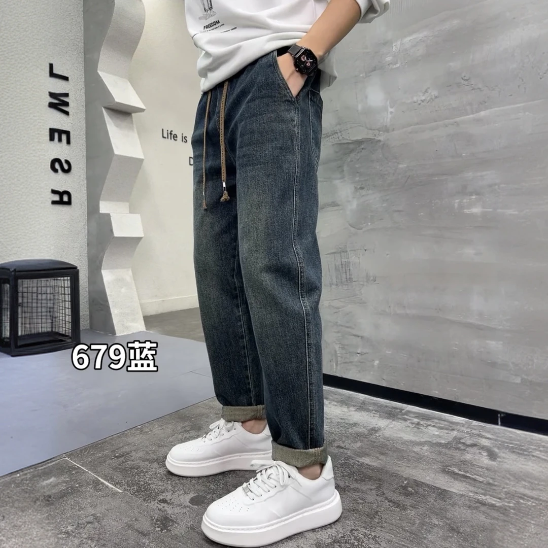 秋冬男士松紧腰大弹力复古蓝牛仔裤