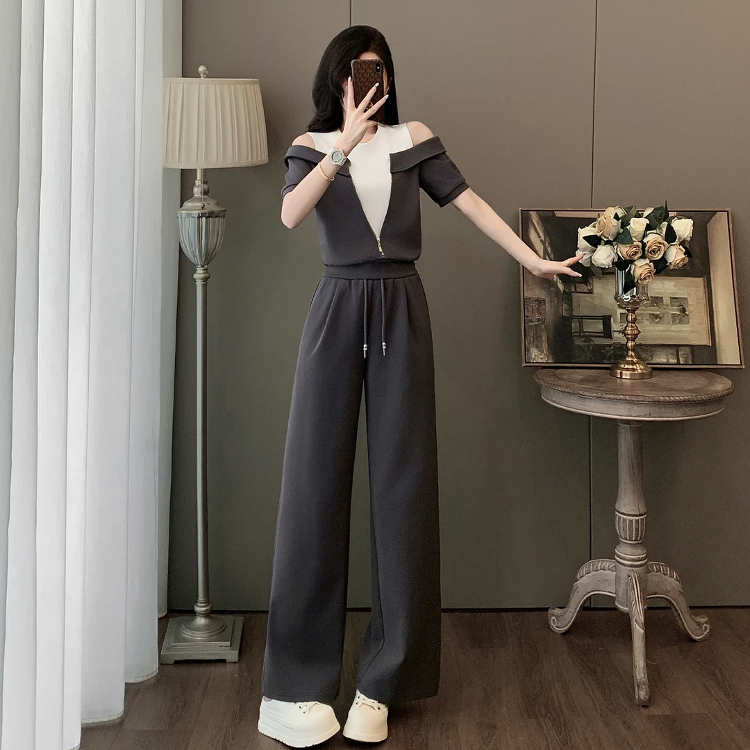 休闲风法式时尚套装宽松长裤沙丘废土风高腰夏季露肩短袖假两件套