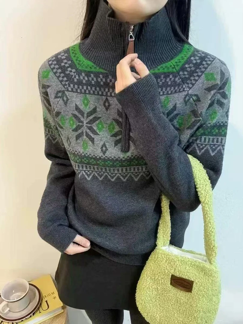 欧洲站冬季新款蝶花半拉链针织衫女