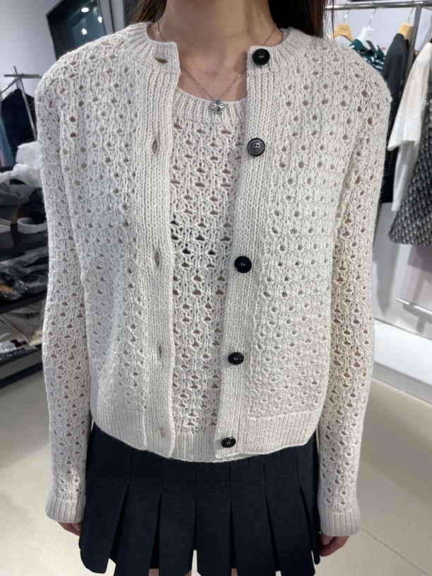 全新未使用 DIOR/迪奥 圆领镂空两件套长袖针织衫女款米色