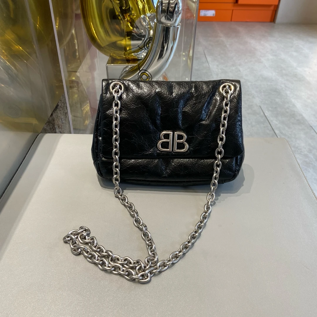 99新 Balenciaga/巴黎世家 Monaco系列黑银小号链条单肩斜挎包