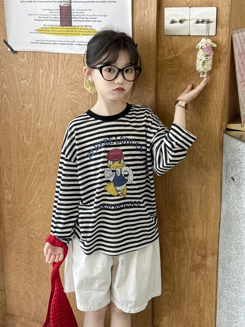 LJ-90855-TBBB女童T恤2025夏季新款韩版动漫唐老鸭印花休闲条纹