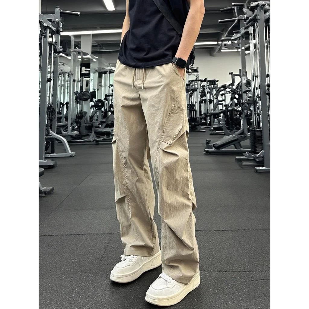 美式高街褶皱潮流直筒休闲裤男夏季薄款宽松户外工装裤速干长裤子