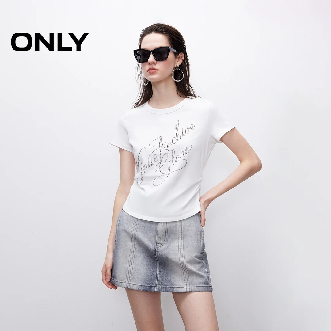 ONLY2025夏季新款个性渐变水洗显瘦水钻纯棉短袖T恤女|125201076