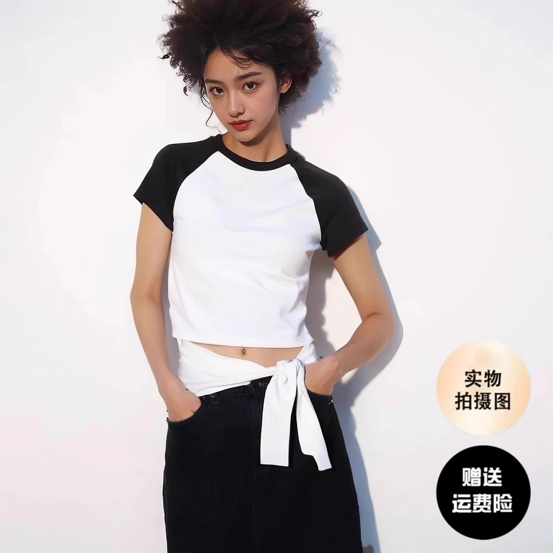 优官方女装插肩袖圆领短T恤/短袖迷你T修身打底百搭辣妹风476602