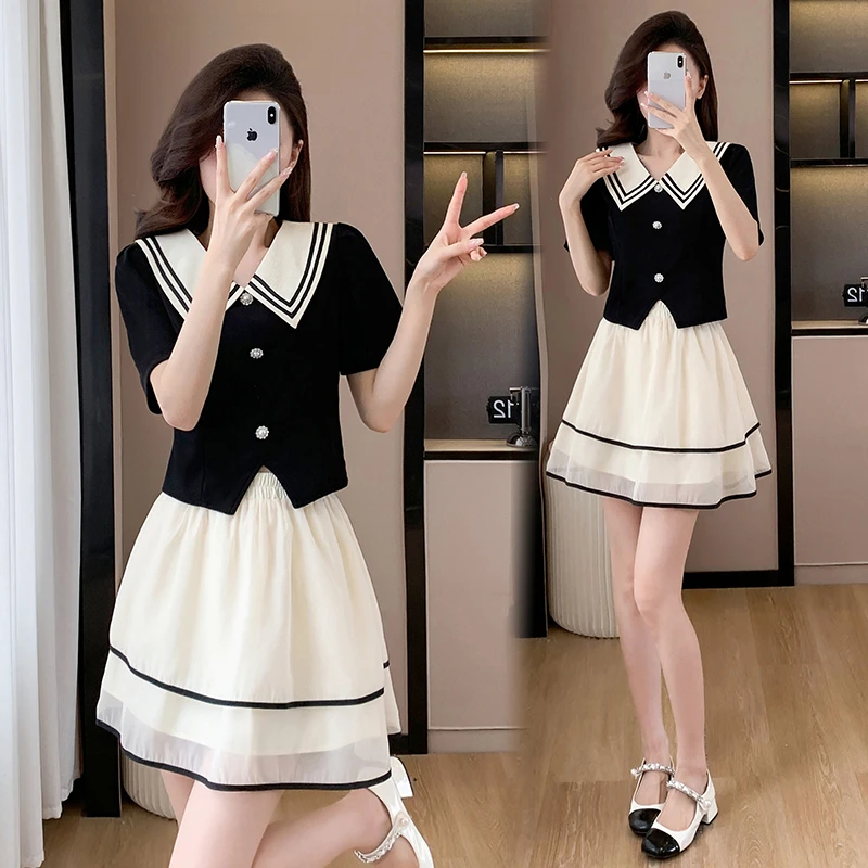 2025夏季新款大码女装两件套甜美减龄套装上衣半身短裙