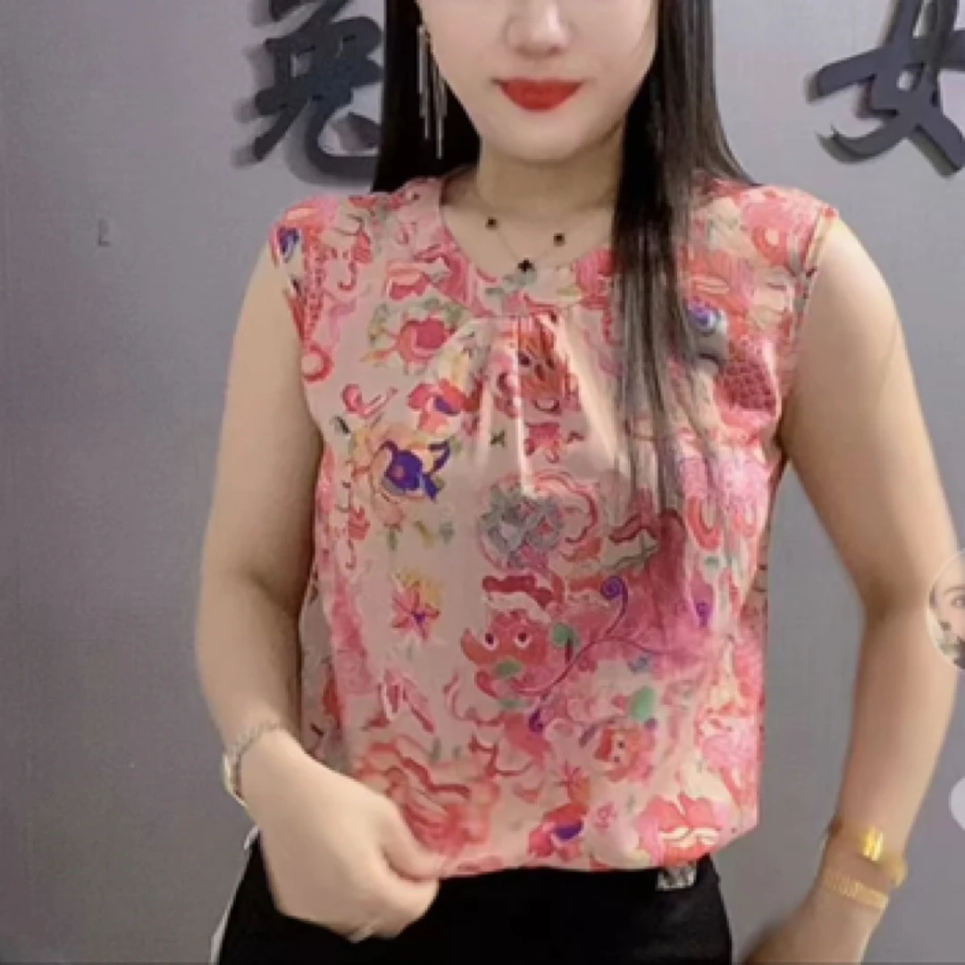 中式雪纺百搭时尚印花无袖背心洋气外穿宽松显瘦打底衫