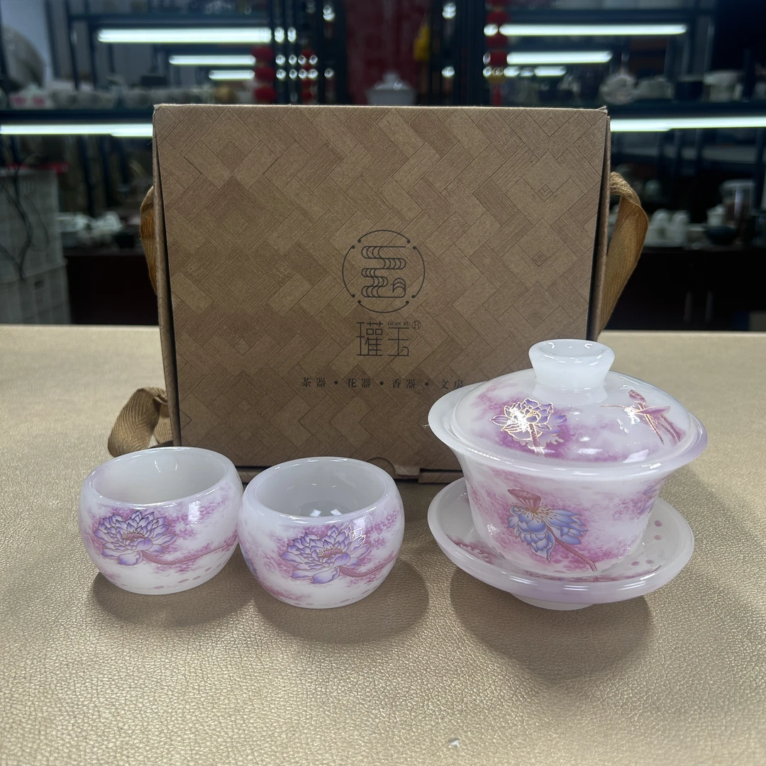 德化云仓  粉彩荷花琉璃盖碗一盖两杯家用泡茶防烫三才盖碗-2425