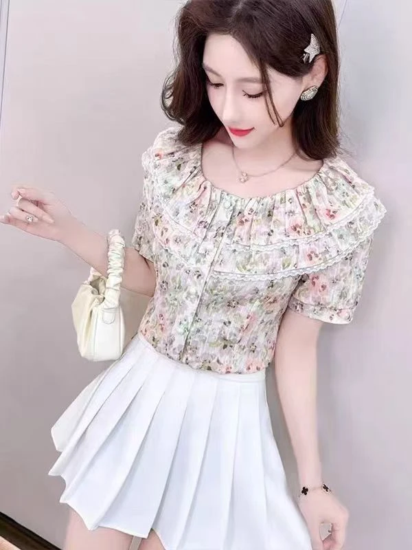 「英姿服饰」2208一字领碎花法式小衫-电口